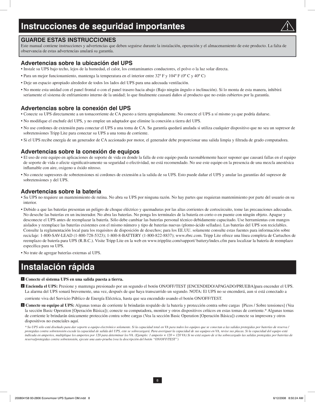 Tripp Lite ECO UPS System owner manual Instrucciones de seguridad importantes, Instalación rápida 