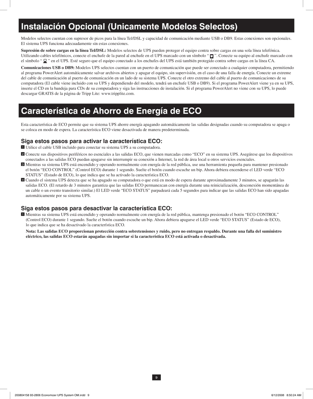 Tripp Lite ECO UPS System Instalación Opcional Unicamente Modelos Selectos, Característica de Ahorro de Energía de ECO 