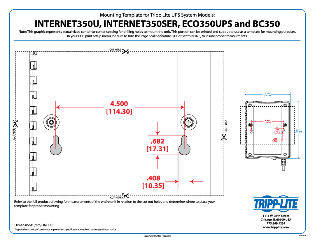 Tripp Lite dimensions INTERNET350U, INTERNET350SER, ECO350UPS and BC350, 4.500 114.30, 17.31 408 10.35 