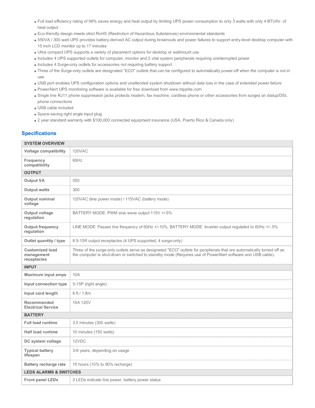 Tripp Lite ECO550UPS warranty Specifications 