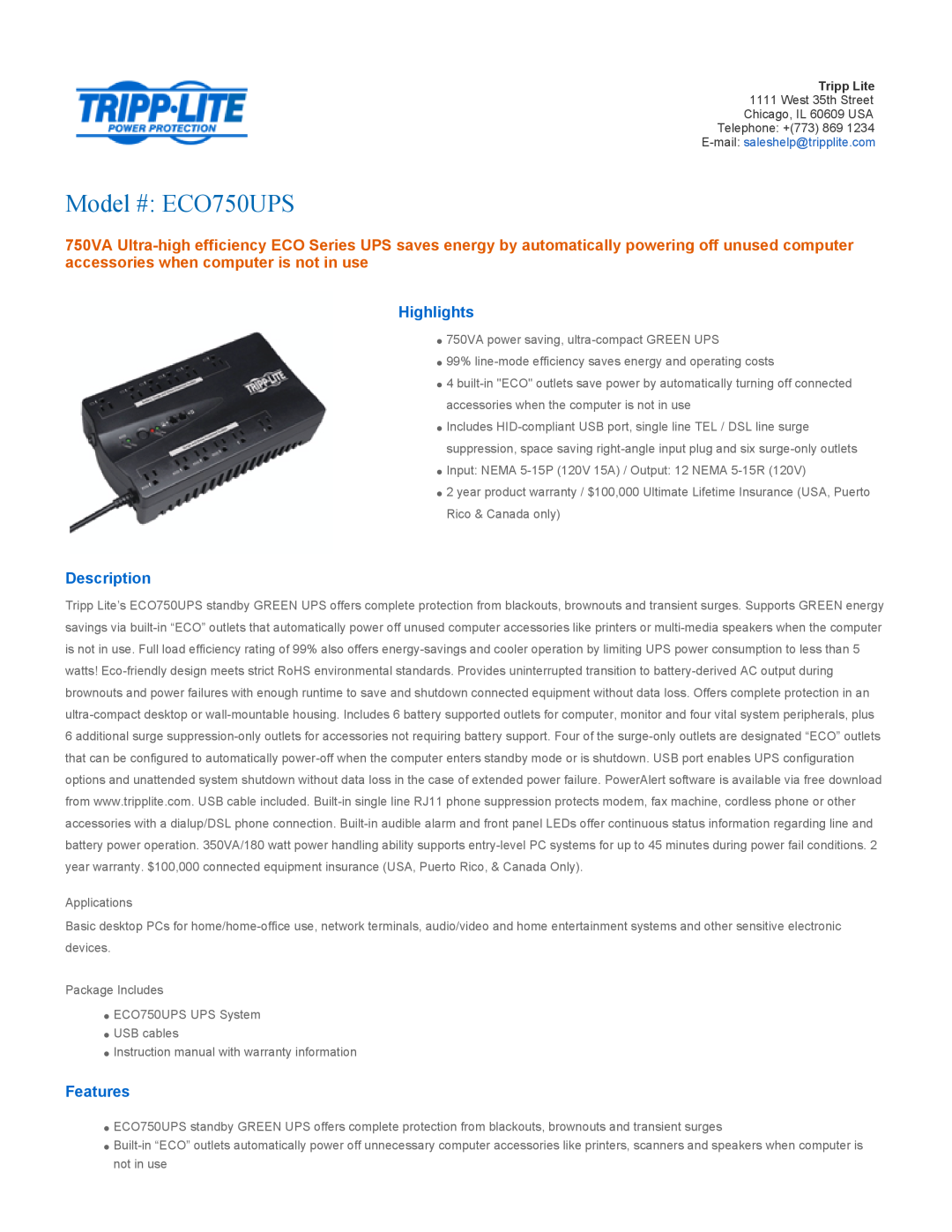 Tripp Lite warranty Highlights, Description, Features, Model # ECO750UPS 
