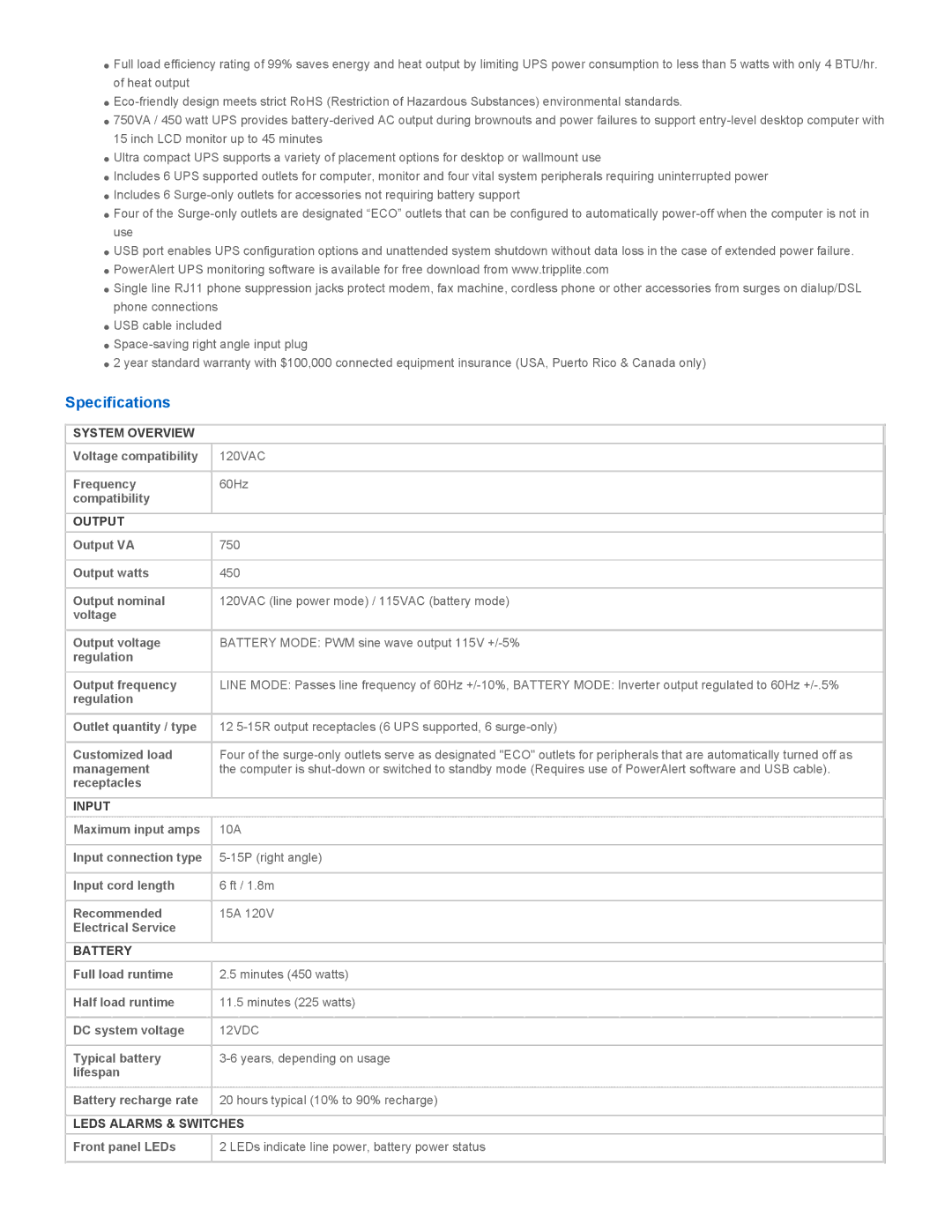 Tripp Lite ECO750UPS warranty Specifications 