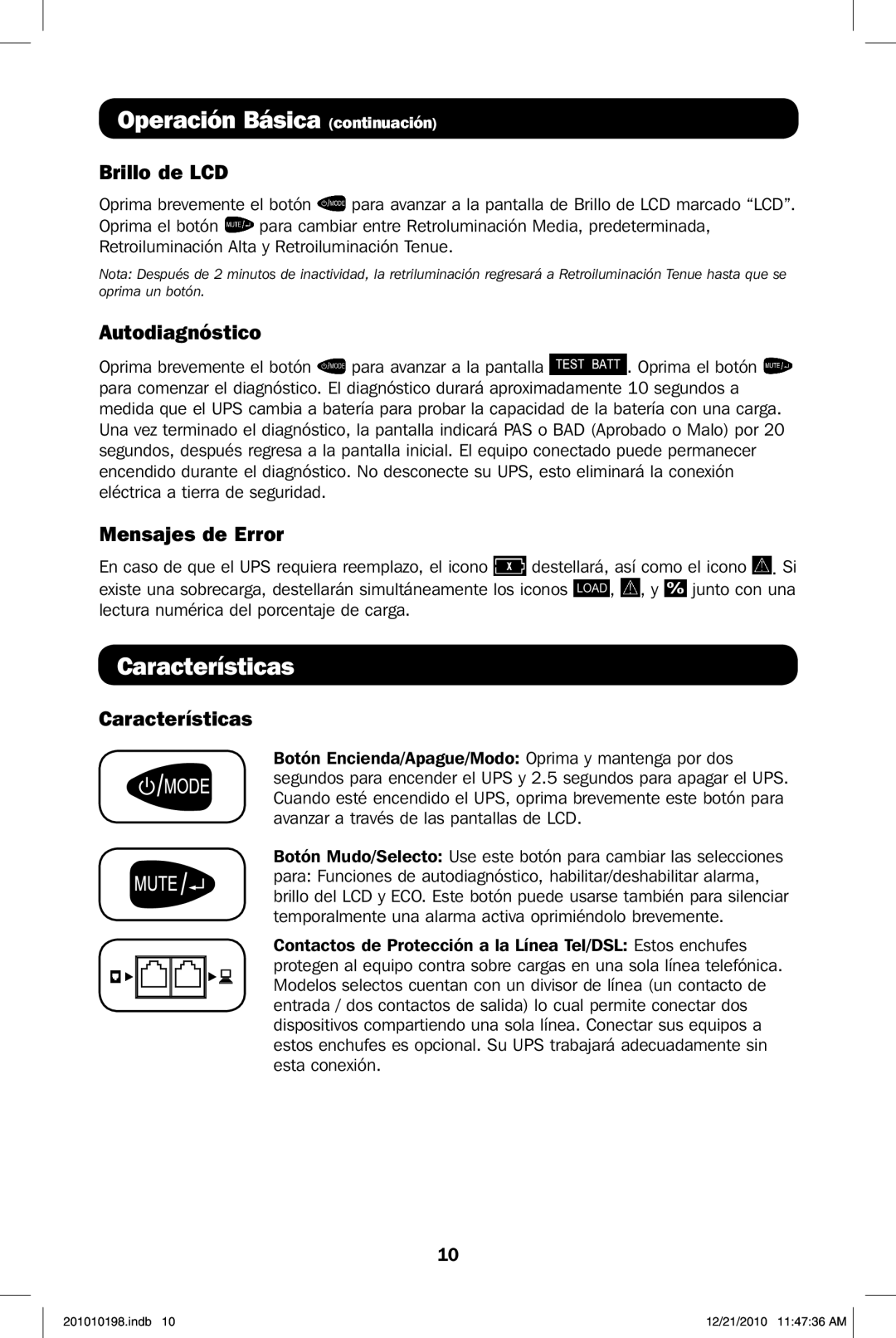 Tripp Lite ECO850LCD, ECO650LCD owner manual Operación Básica continuación, Características 