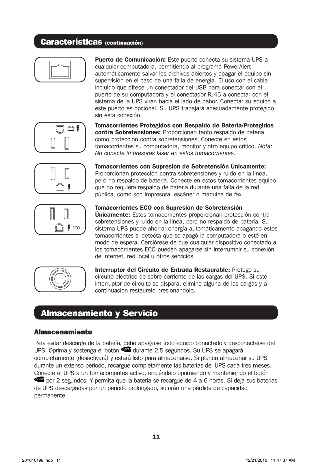 Tripp Lite ECO650LCD, ECO850LCD owner manual Características continuación, Almacenamiento 