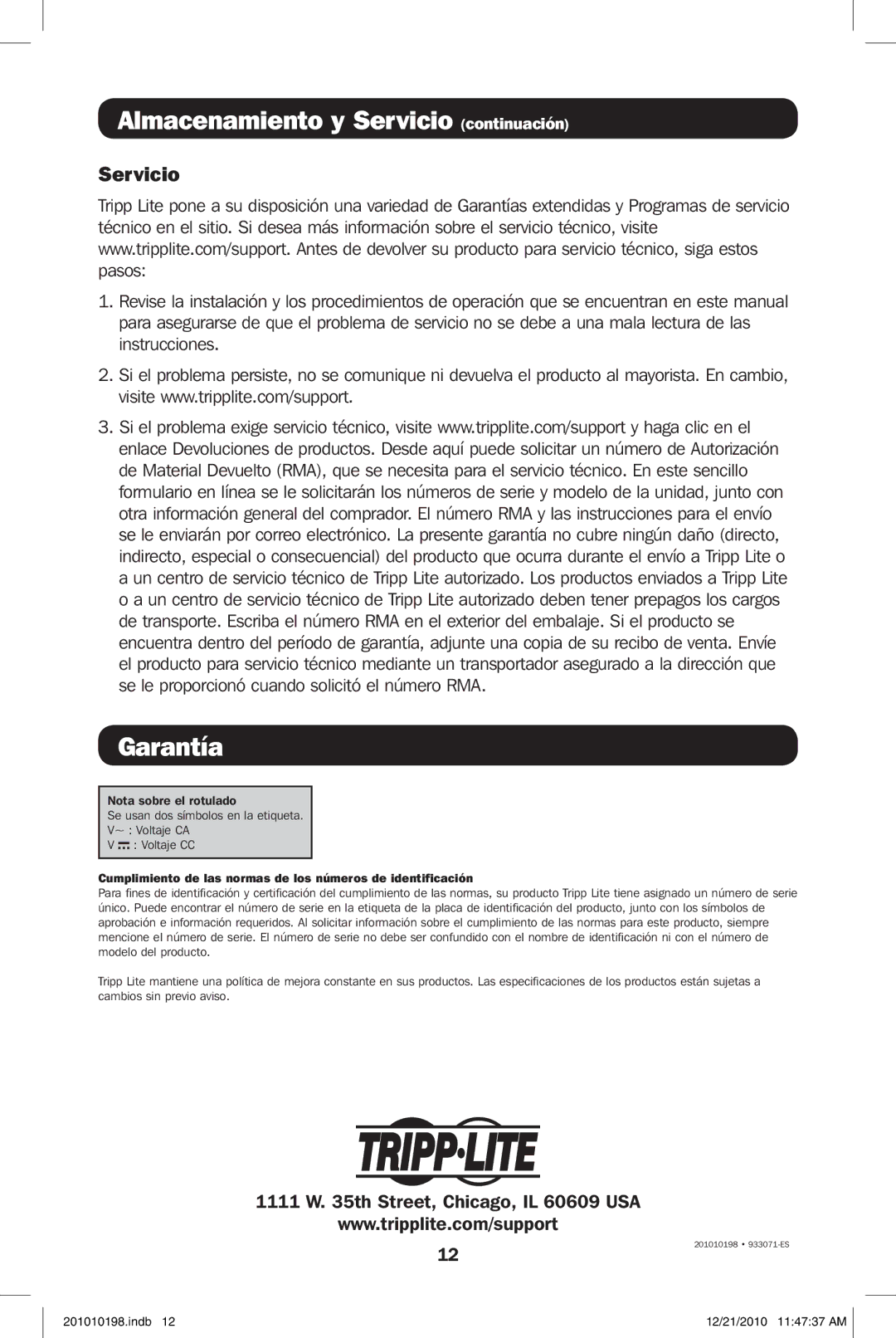 Tripp Lite ECO850LCD, ECO650LCD owner manual Almacenamiento y Servicio continuación 