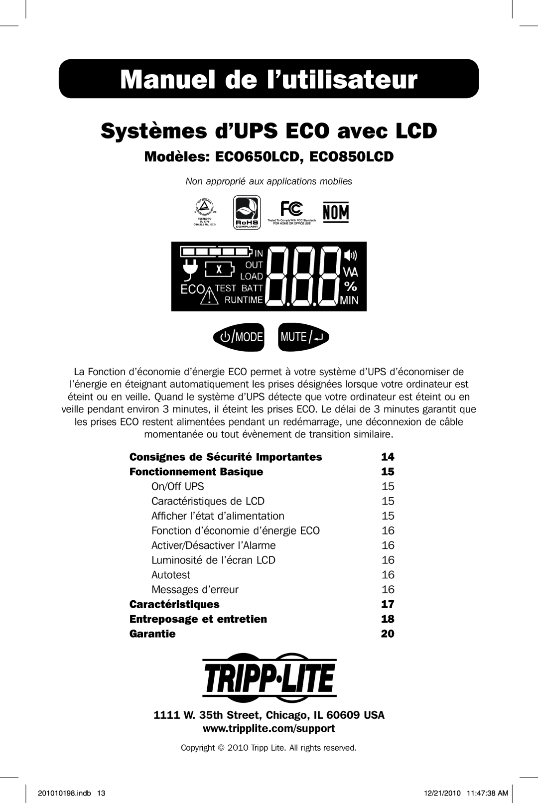 Tripp Lite ECO650LCD, ECO850LCD owner manual Manuel de l’utilisateur 