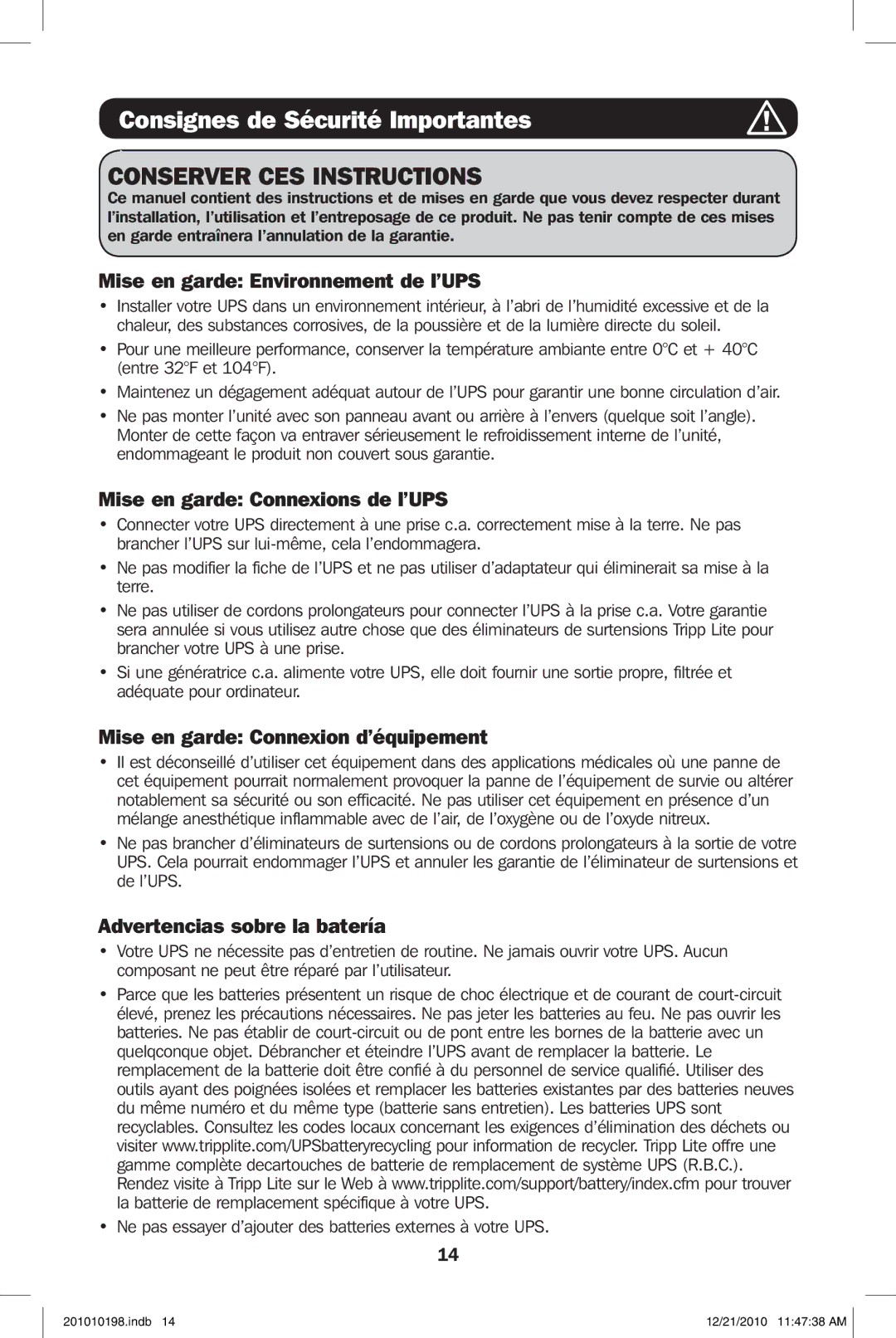 Tripp Lite ECO850LCD, ECO650LCD owner manual Consignes de Sécurité Importantes, Mise en garde Environnement de l’UPS 