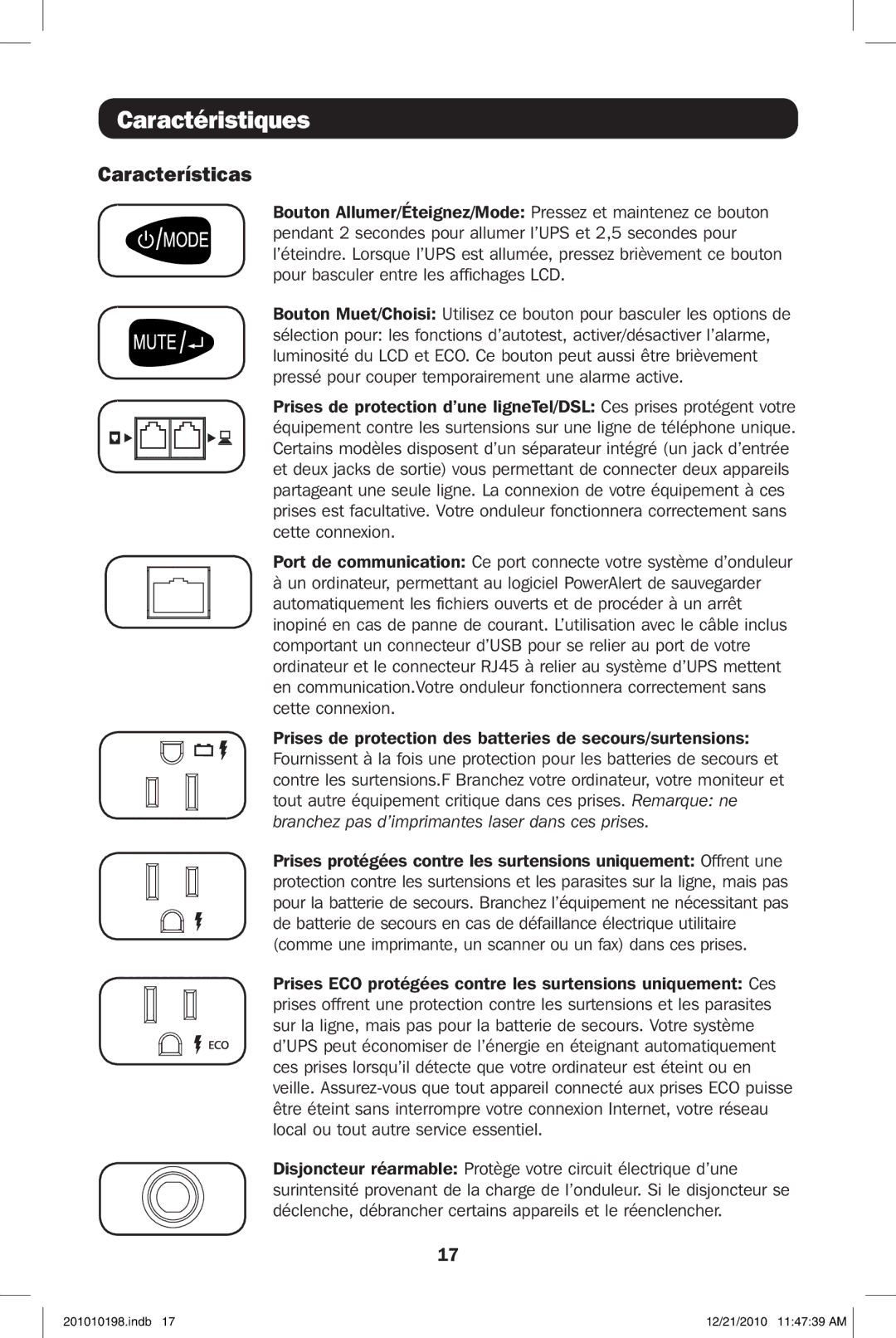 Tripp Lite ECO650LCD, ECO850LCD owner manual Caractéristiques, Características 