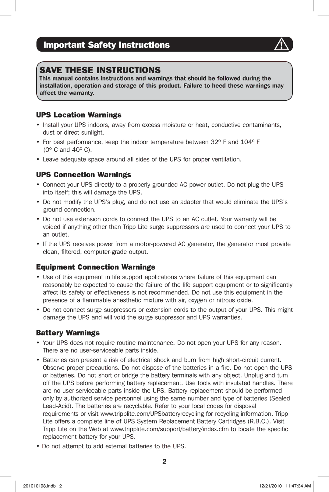 Tripp Lite ECO850LCD Important Safety Instructions, UPS Location Warnings, UPS Connection Warnings, Battery Warnings 