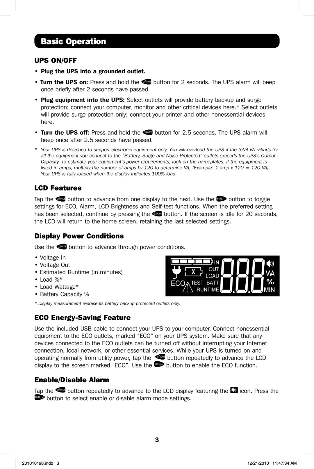 Tripp Lite ECO650LCD, ECO850LCD Basic Operation, LCD Features, Display Power Conditions, ECO Energy-Saving Feature 