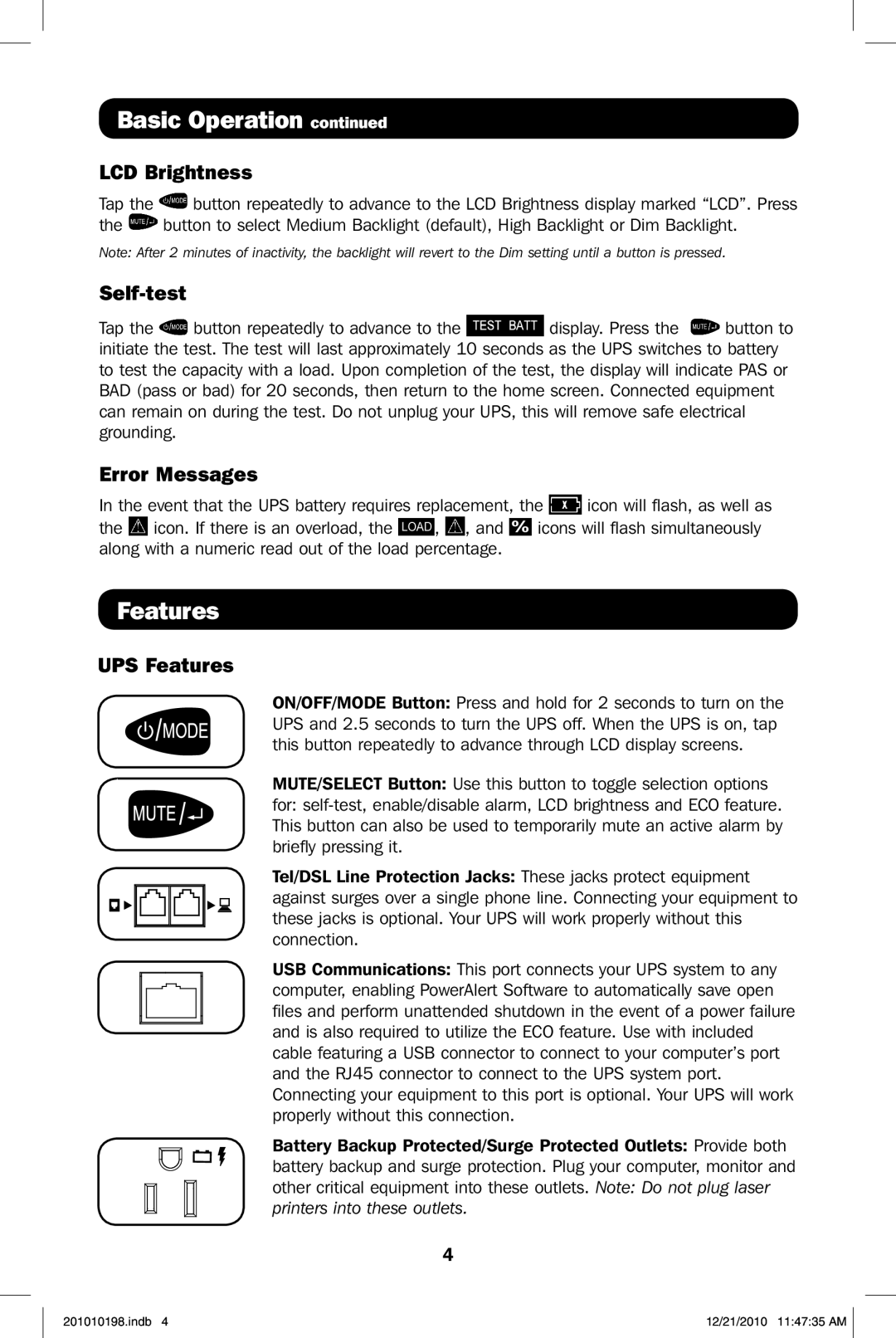 Tripp Lite ECO850LCD, ECO650LCD owner manual LCD Brightness, Self-test, Error Messages, UPS Features 