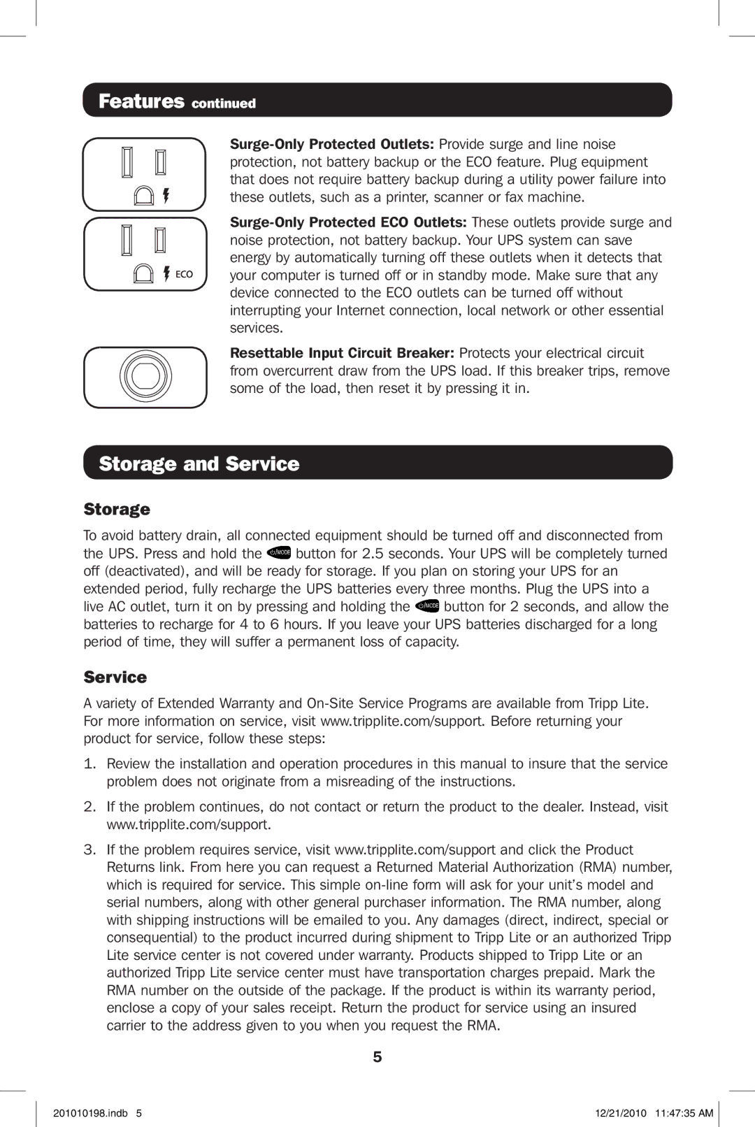 Tripp Lite ECO650LCD, ECO850LCD owner manual Storage and Service 