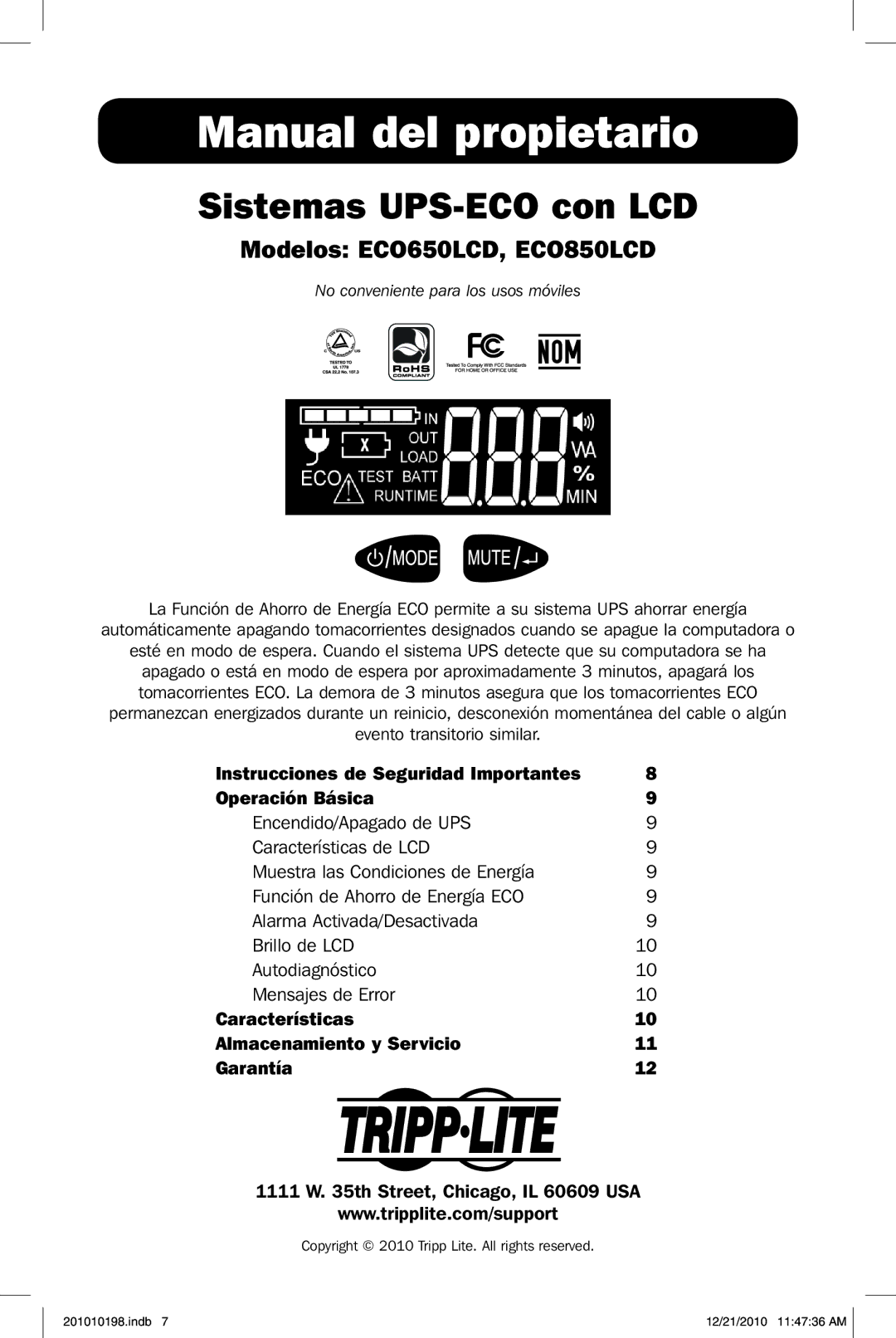 Tripp Lite ECO650LCD, ECO850LCD owner manual Manual del propietario 