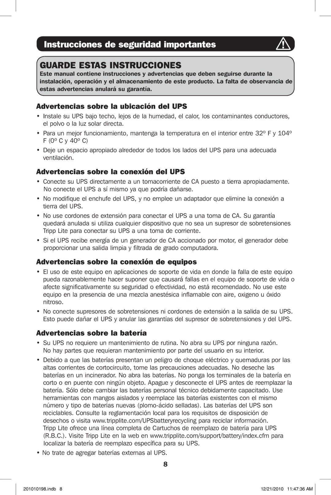 Tripp Lite ECO850LCD, ECO650LCD owner manual Instrucciones de seguridad importantes, Advertencias sobre la ubicación del UPS 