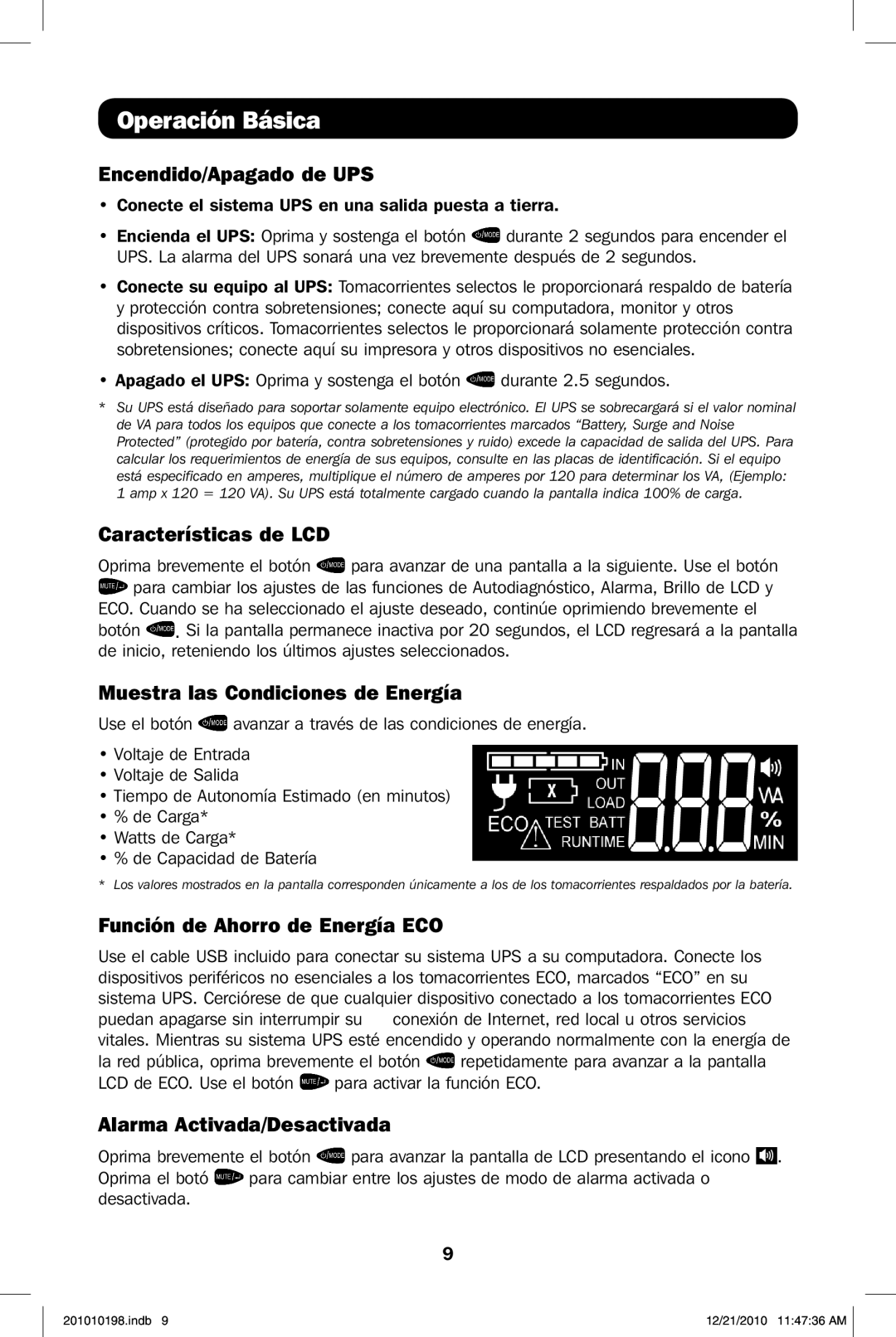 Tripp Lite ECO650LCD, ECO850LCD owner manual Operación Básica 