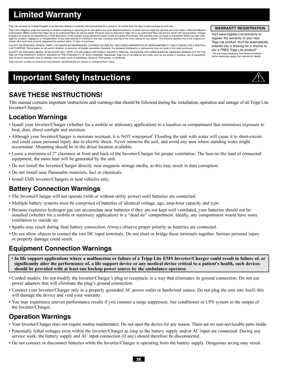 Tripp Lite EMS Series owner manual Limited Warranty, Important Safety Instructions 