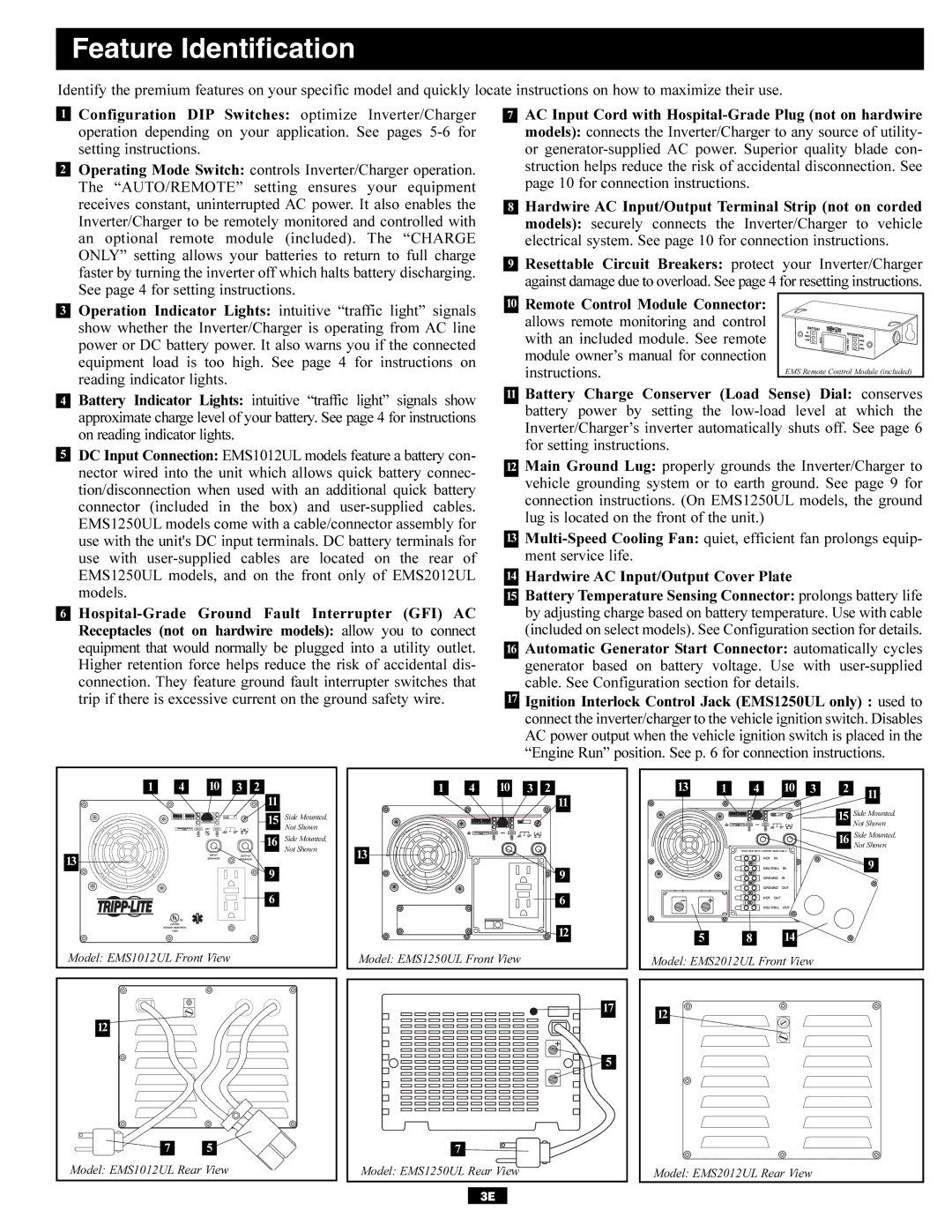 Tripp Lite EMS Series owner manual Feature Identification, Engine Run position. See p for connection instructions 