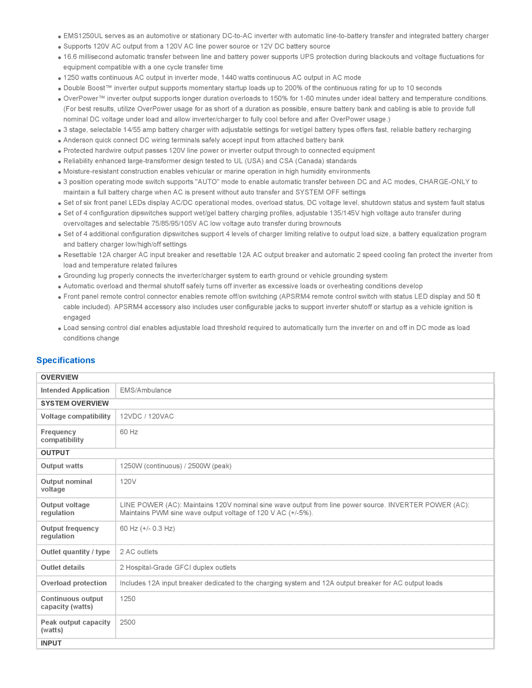 Tripp Lite EMS1250UL instruction manual Specifications, System Overview, Output, Input 