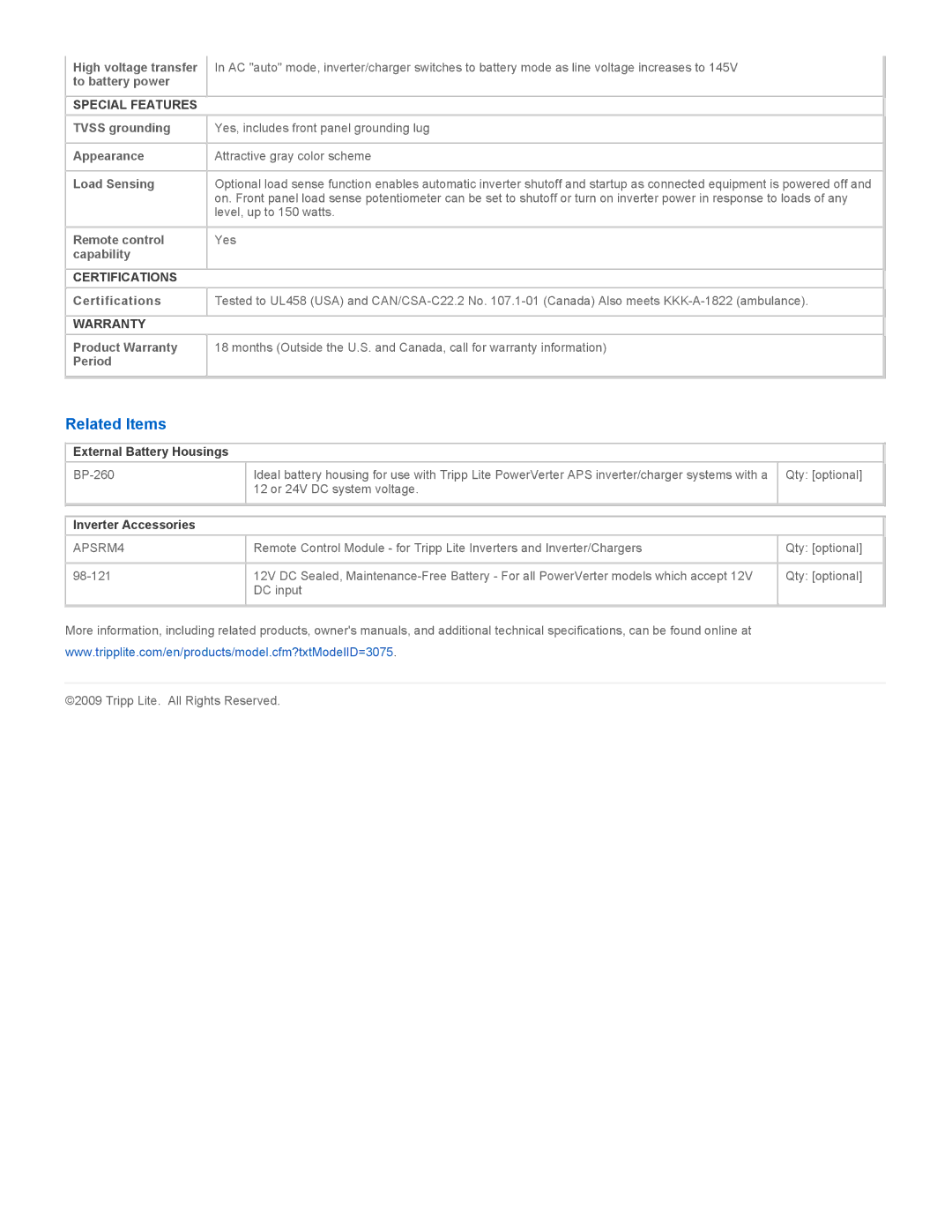 Tripp Lite EMS1250UL instruction manual Related Items, Special Features, Certifications, Warranty 