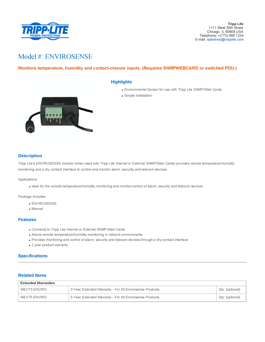 Tripp Lite warranty Model # ENVIROSENSE, Highlights, Description, Features, Specifications, Related Items 