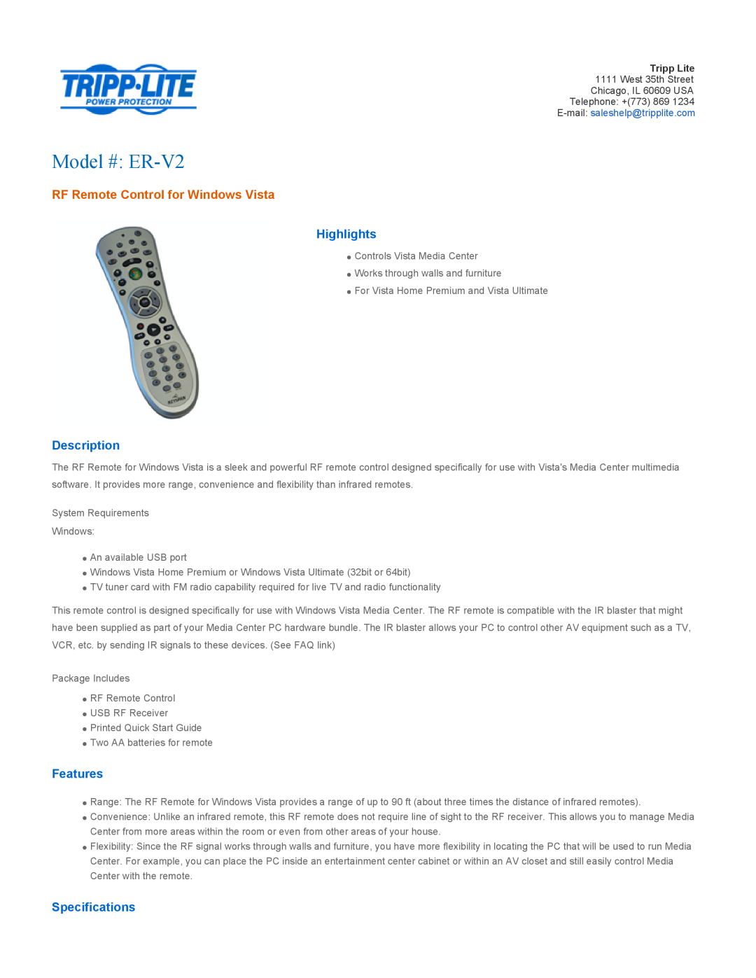 Tripp Lite specifications Model # ER-V2, RF Remote Control for Windows Vista, Highlights, Description, Features 
