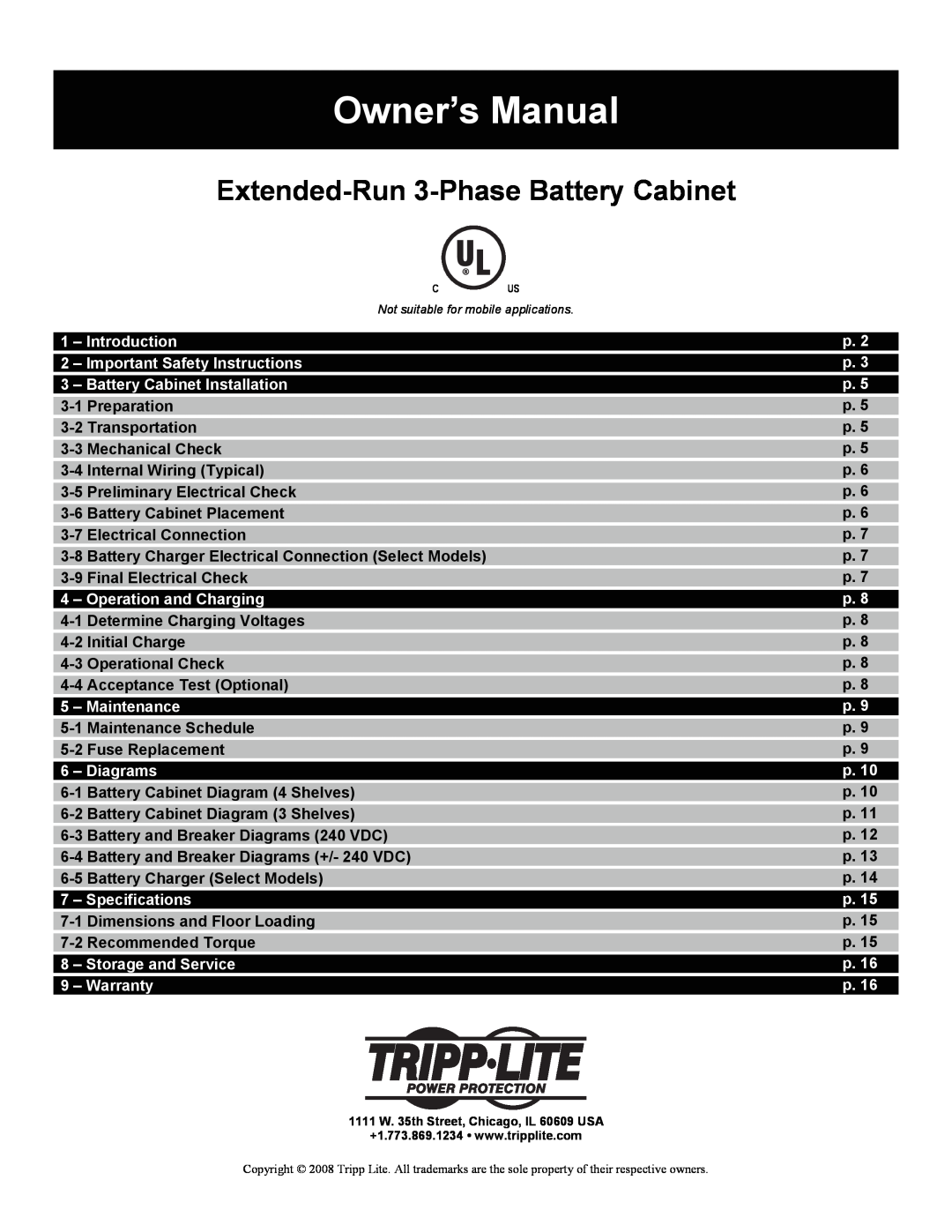 Tripp Lite Extended-Run 3-Phase Battery Cabinet owner manual Owner’s Manual, Battery Cabinet Installation, Maintenance 