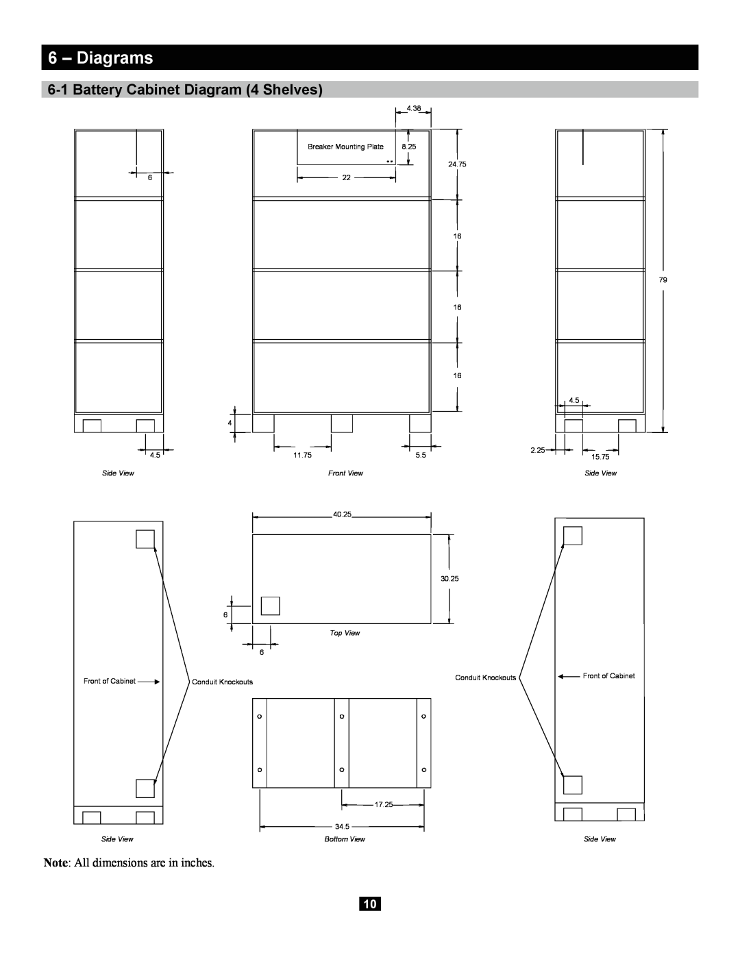Tripp Lite Extended-Run 3-Phase Battery Cabinet Diagrams, Battery Cabinet Diagram 4 Shelves, Side View, Front View 