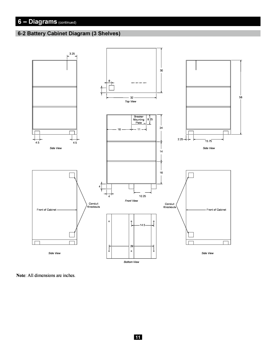 Tripp Lite Extended-Run 3-Phase Battery Cabinet Diagrams continued, Battery Cabinet Diagram 3 Shelves, Top View, Side View 