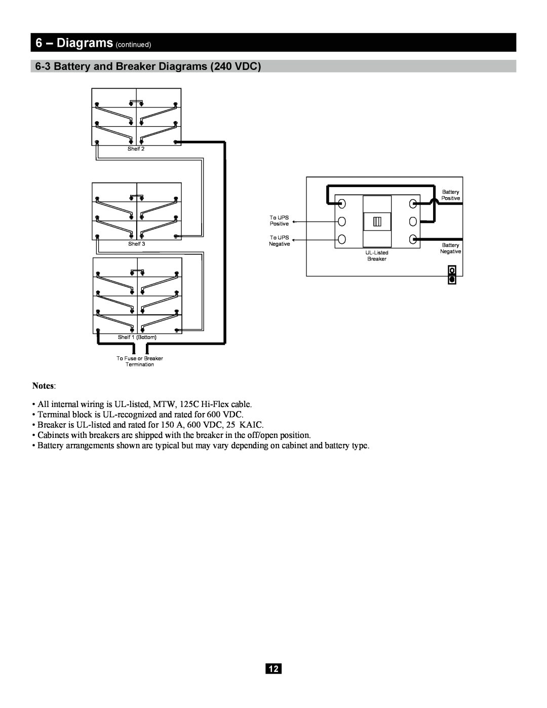 Tripp Lite Extended-Run 3-Phase Battery Cabinet owner manual Battery and Breaker Diagrams 240 VDC, Diagrams continued 
