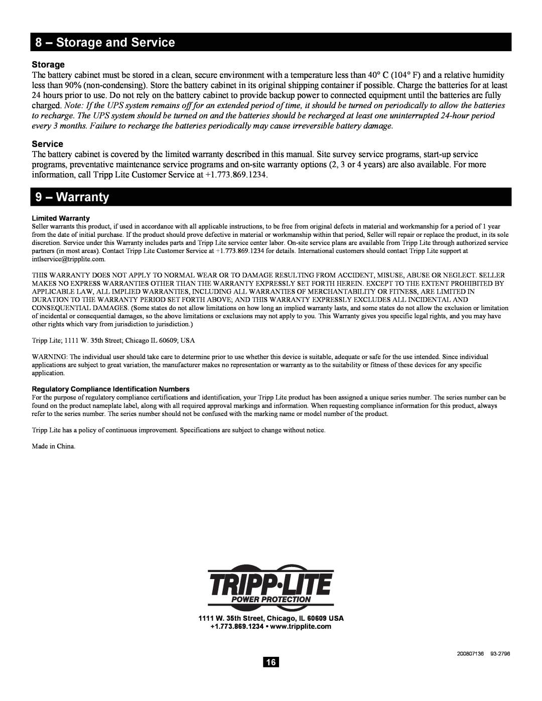 Tripp Lite Extended-Run 3-Phase Battery Cabinet owner manual Storage and Service, Warranty 