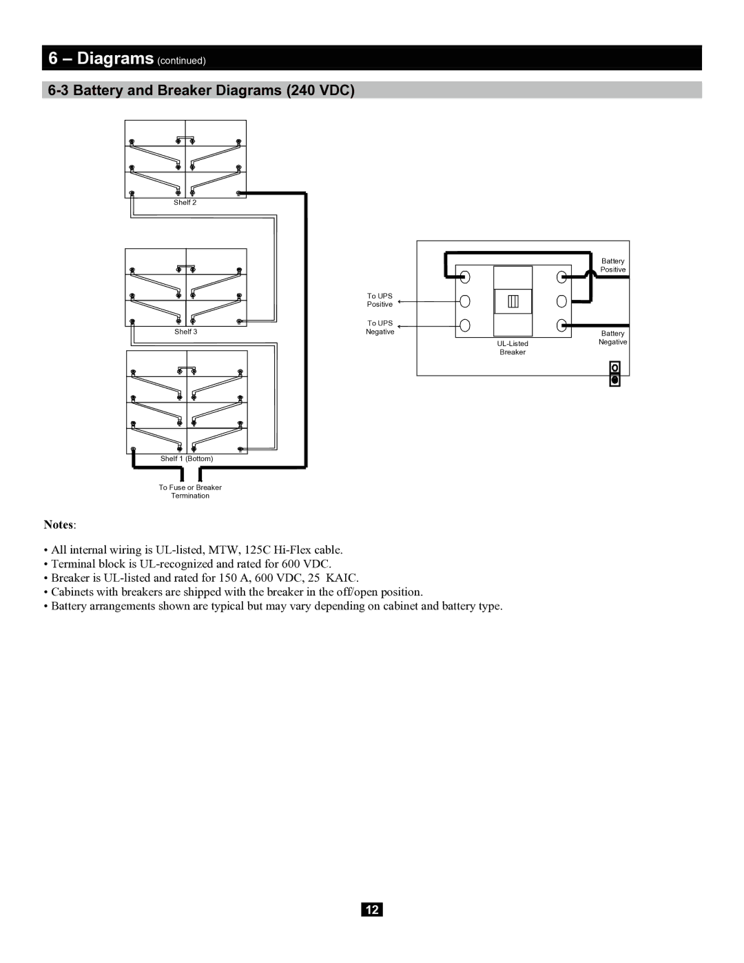 Tripp Lite Extended-Run 3-Phase Battery Cabinet owner manual Battery and Breaker Diagrams 240 VDC 