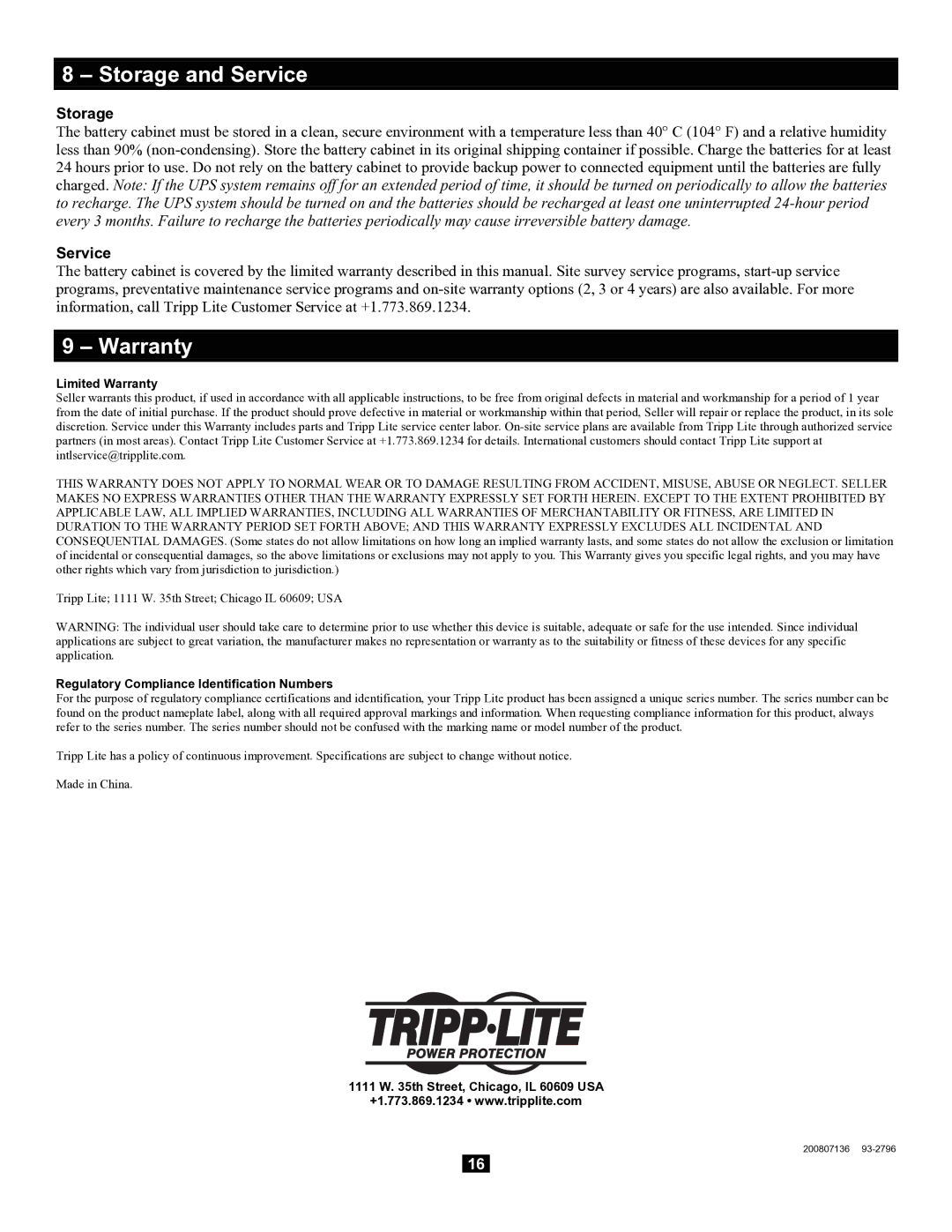 Tripp Lite Extended-Run 3-Phase Battery Cabinet owner manual Storage and Service, Warranty 