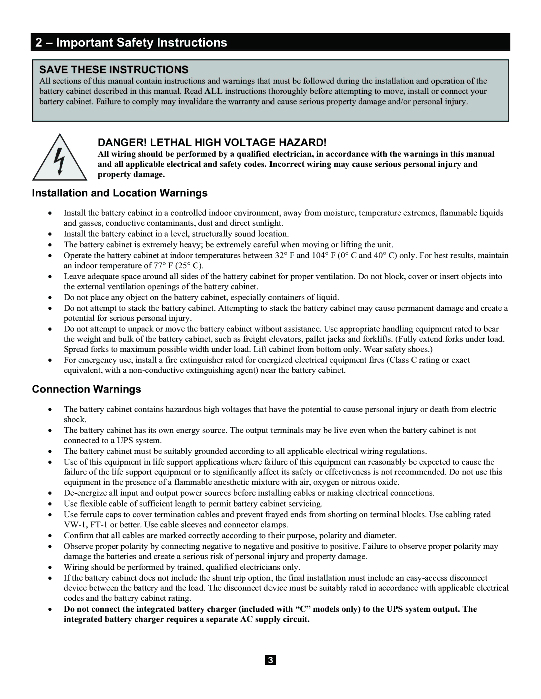 Tripp Lite Extended-Run 3-Phase Battery Cabinet Important Safety Instructions, Installation and Location Warnings 