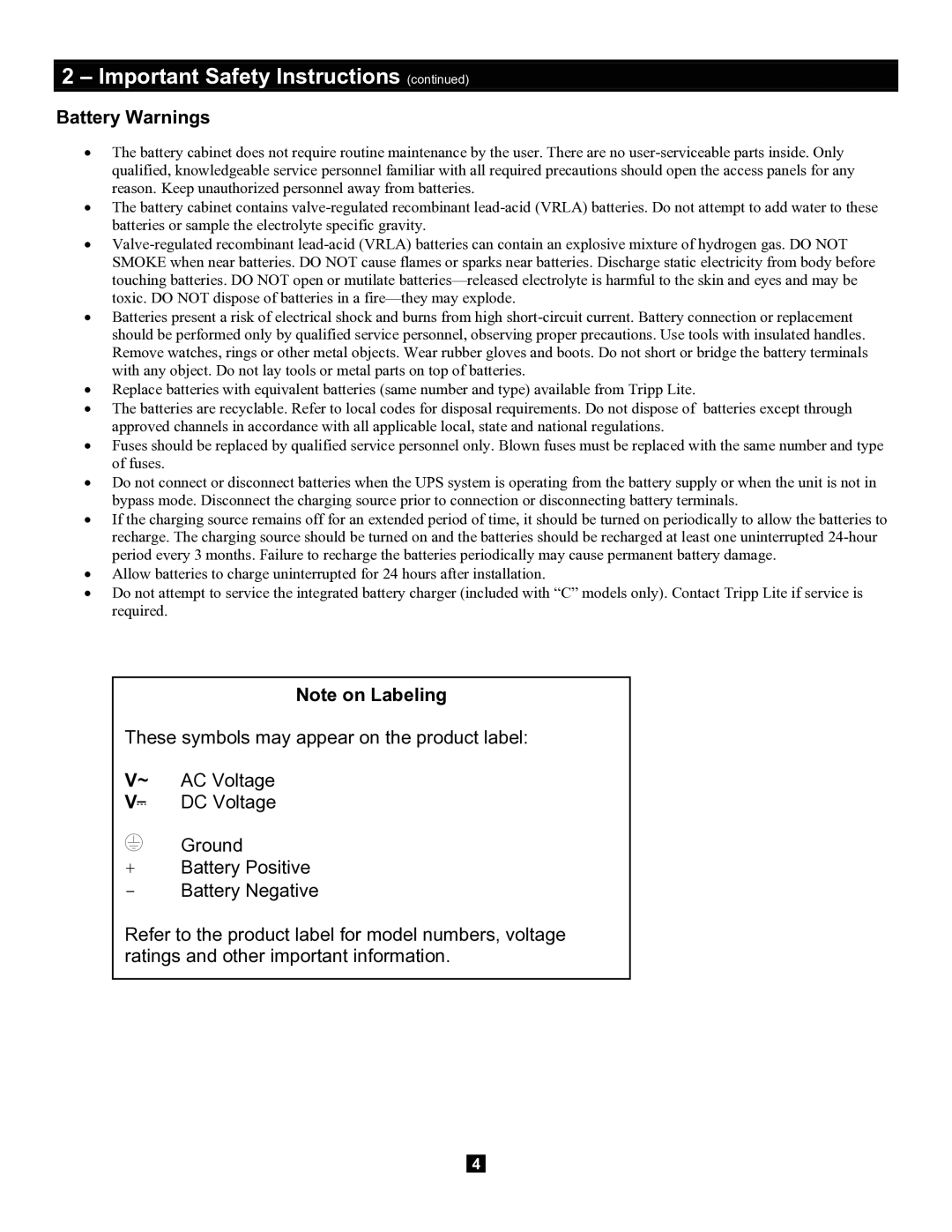 Tripp Lite Extended-Run 3-Phase Battery Cabinet owner manual Battery Warnings 