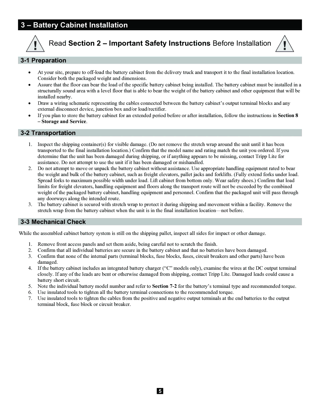 Tripp Lite Extended-Run 3-Phase Battery Cabinet owner manual Battery Cabinet Installation, Preparation, Transportation 