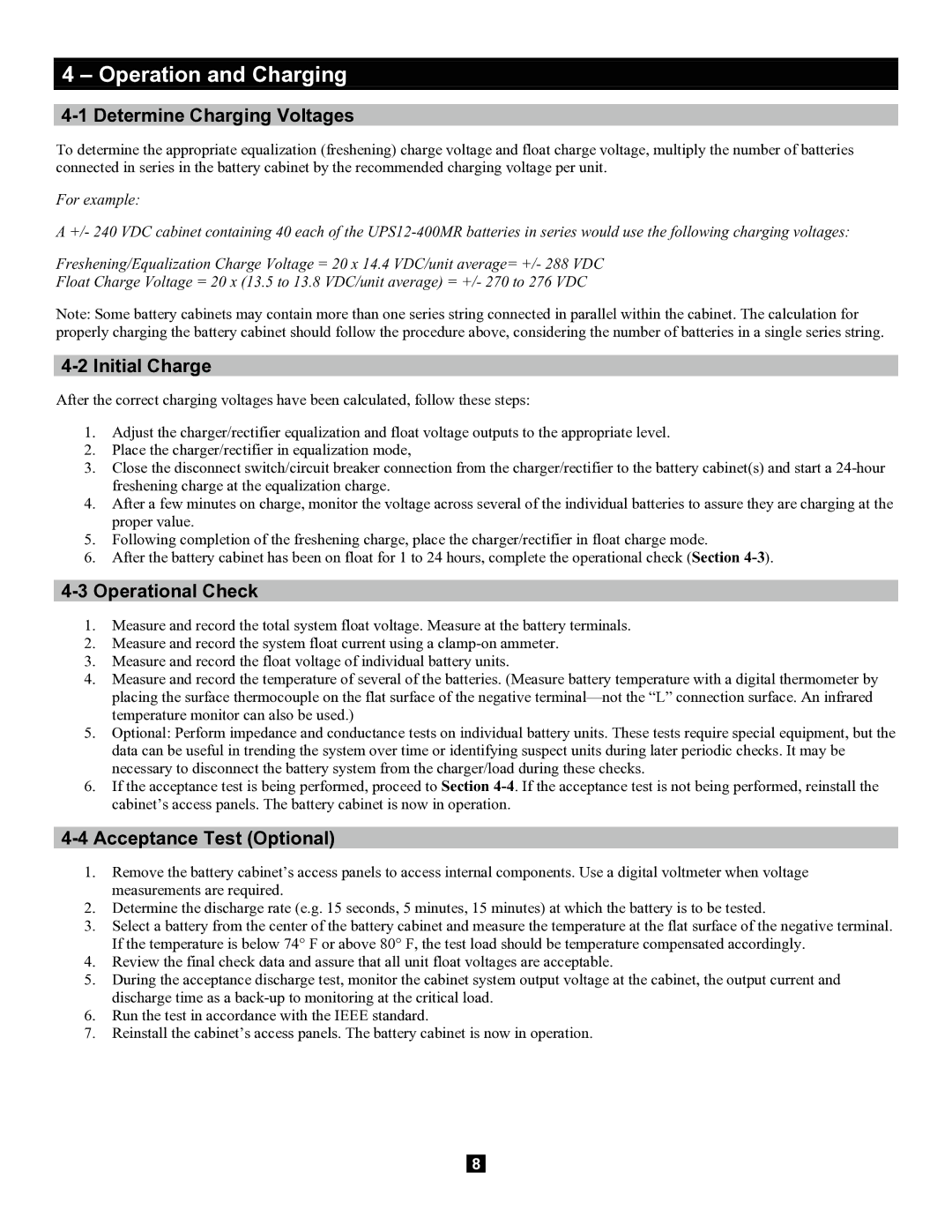 Tripp Lite Extended-Run 3-Phase Battery Cabinet Operation and Charging, Determine Charging Voltages, Initial Charge 