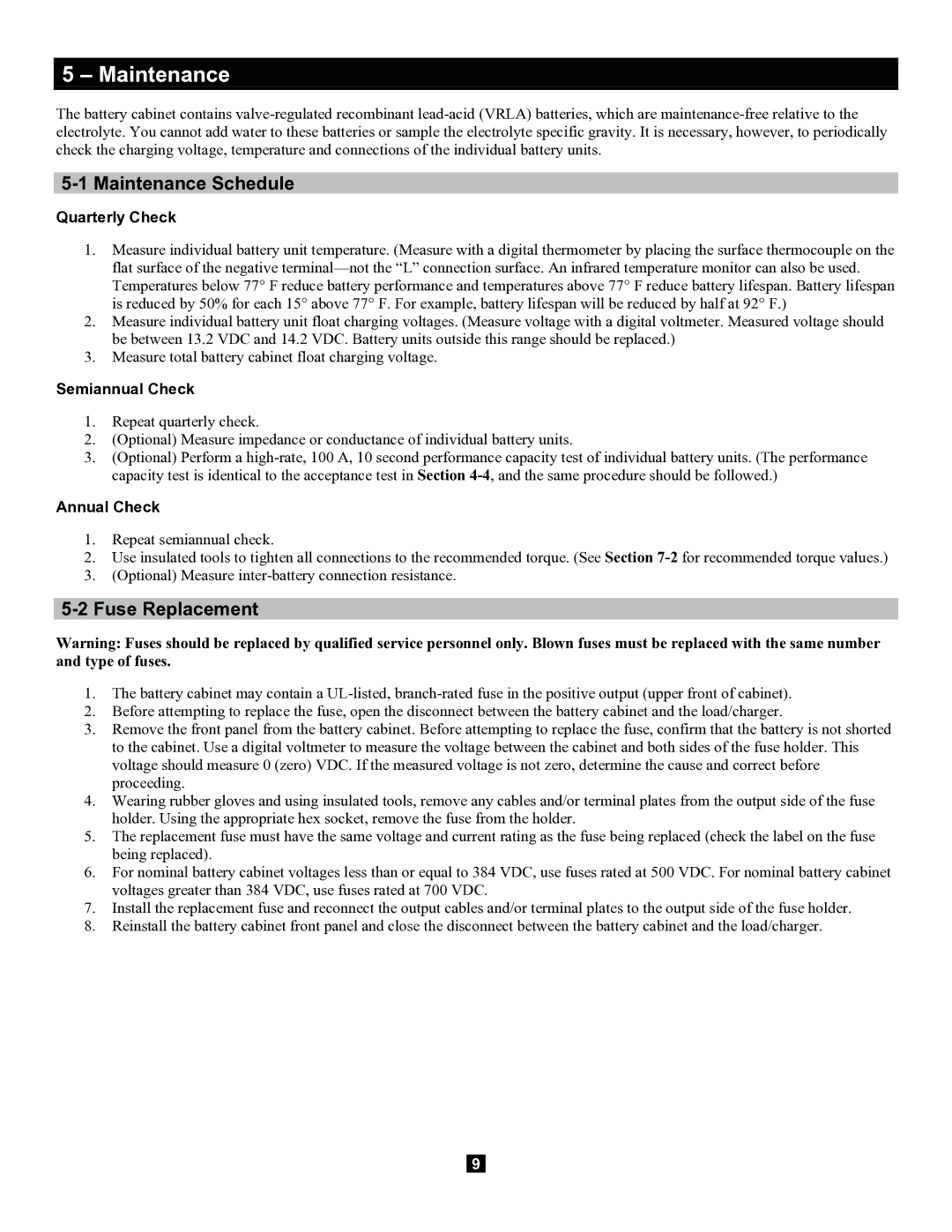 Tripp Lite Extended-Run 3-Phase Battery Cabinet owner manual Maintenance Schedule, Fuse Replacement 