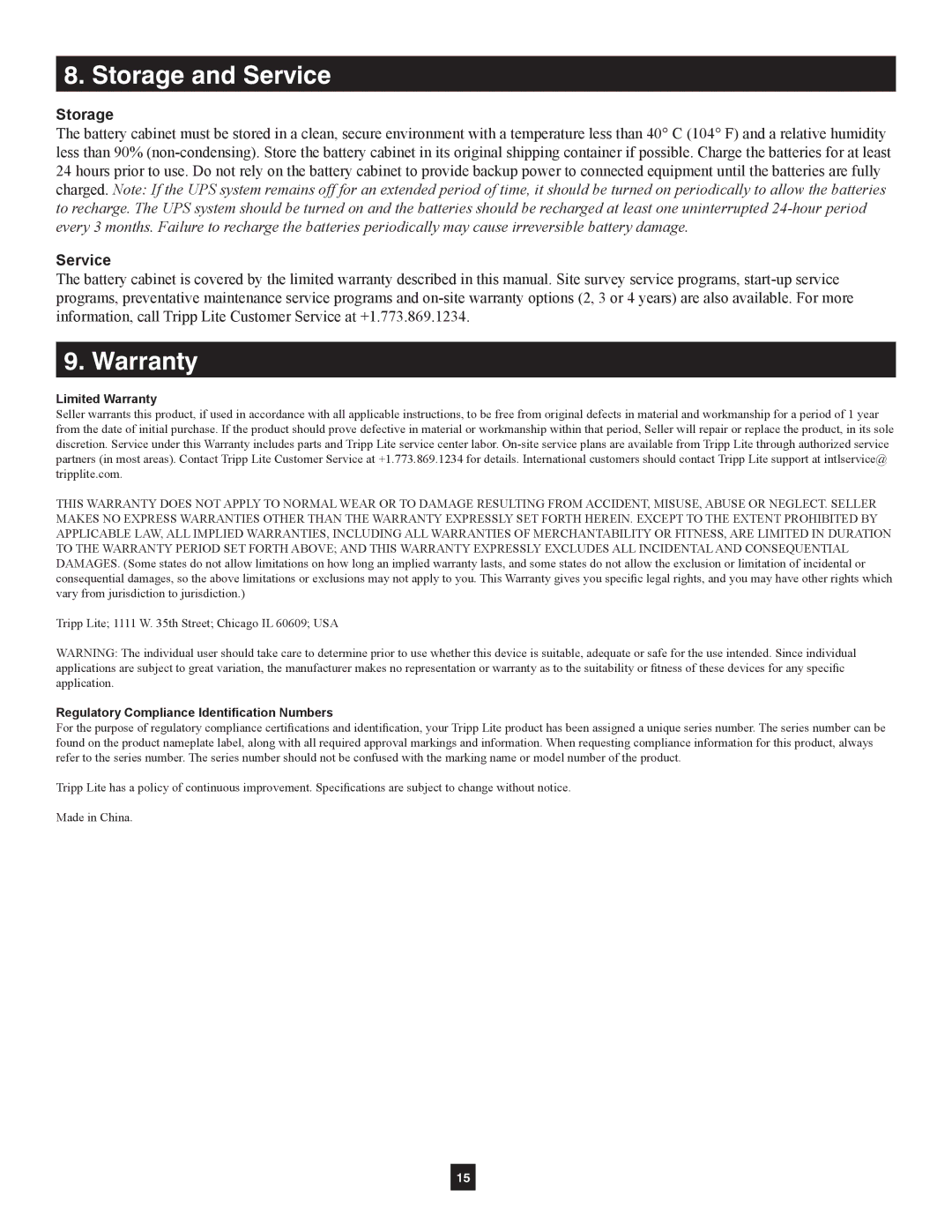 Tripp Lite Extended-Run Single-Phase Battery Cabinet owner manual Storage and Service, Warranty 