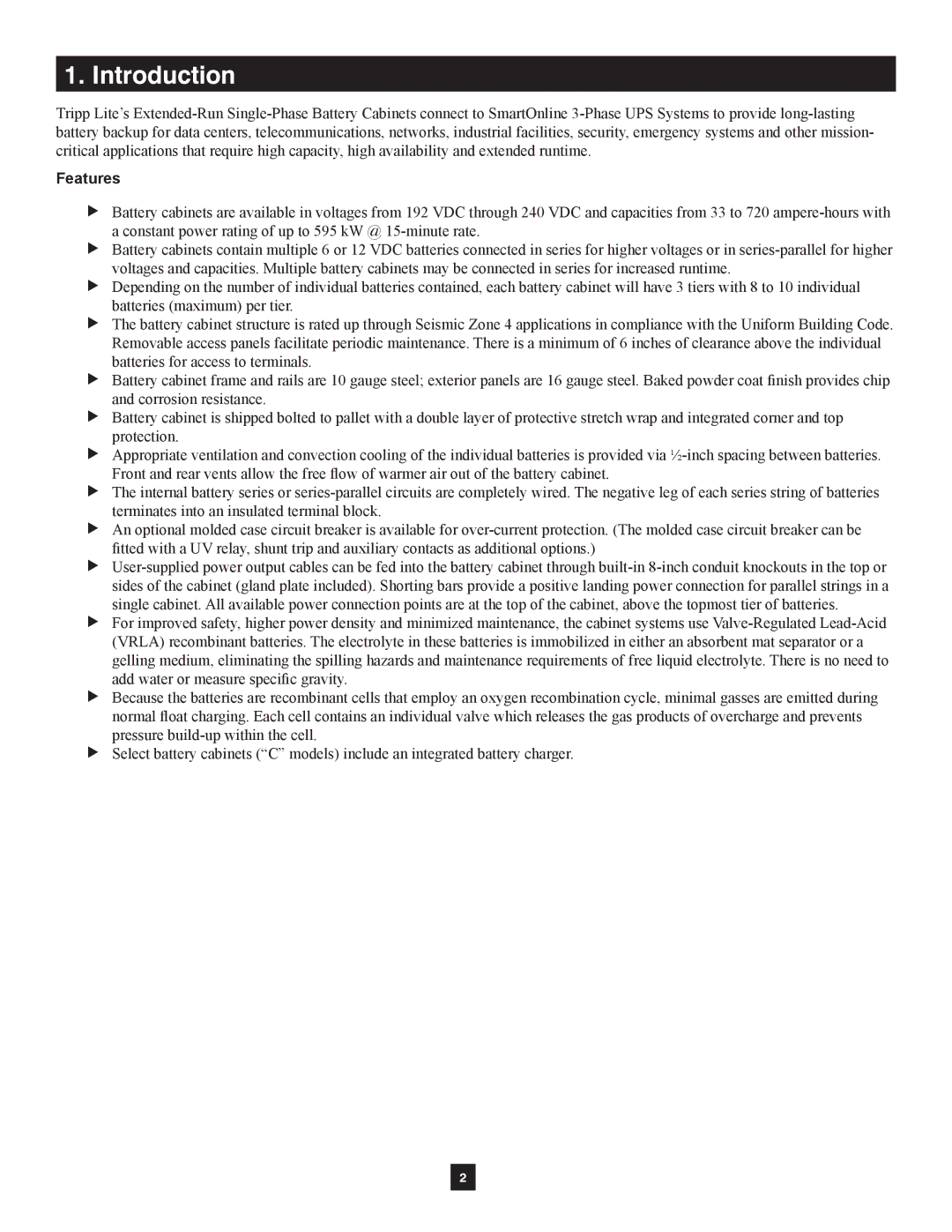 Tripp Lite Extended-Run Single-Phase Battery Cabinet owner manual Introduction, Features 