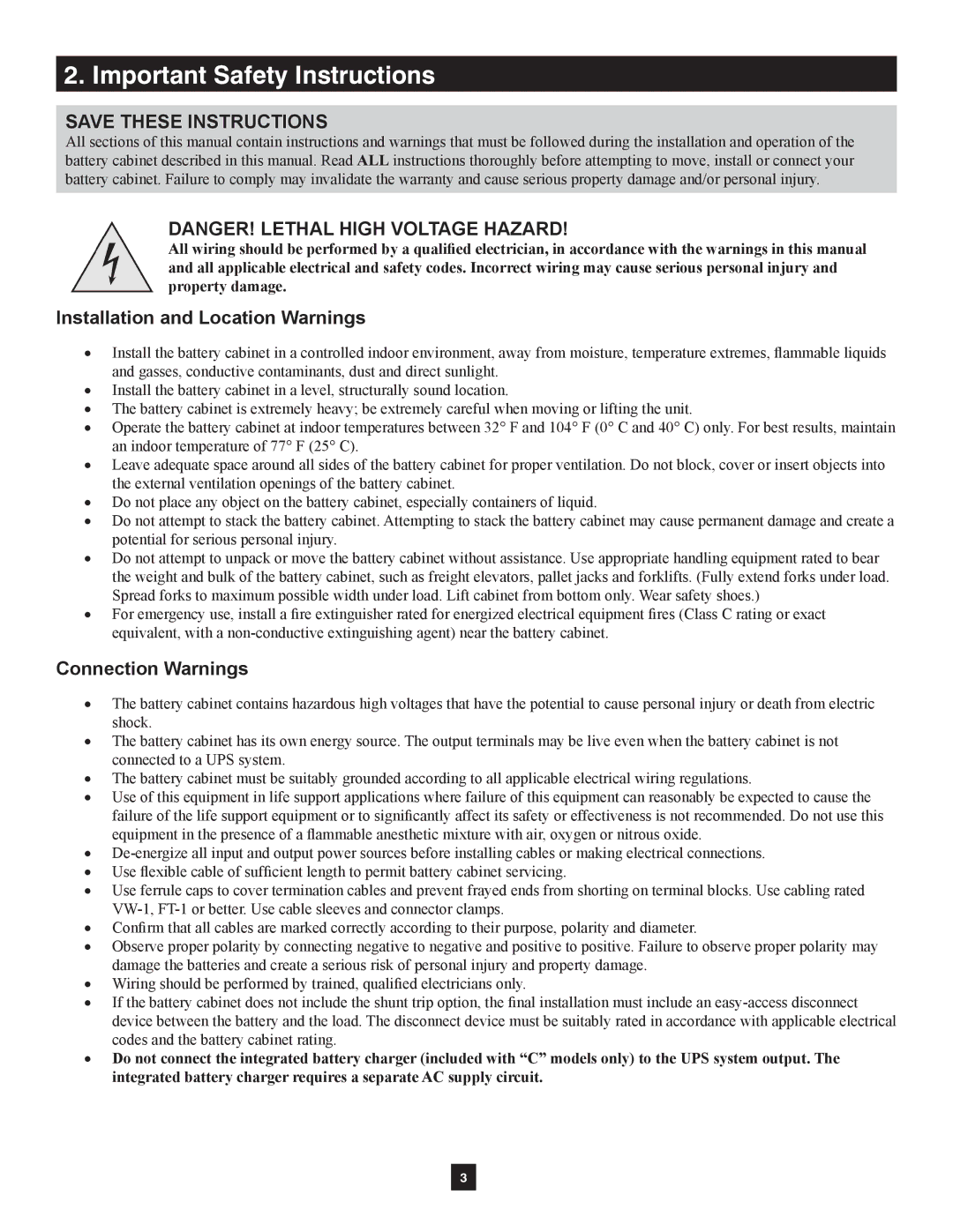 Tripp Lite Extended-Run Single-Phase Battery Cabinet Important Safety Instructions, Installation and Location Warnings 