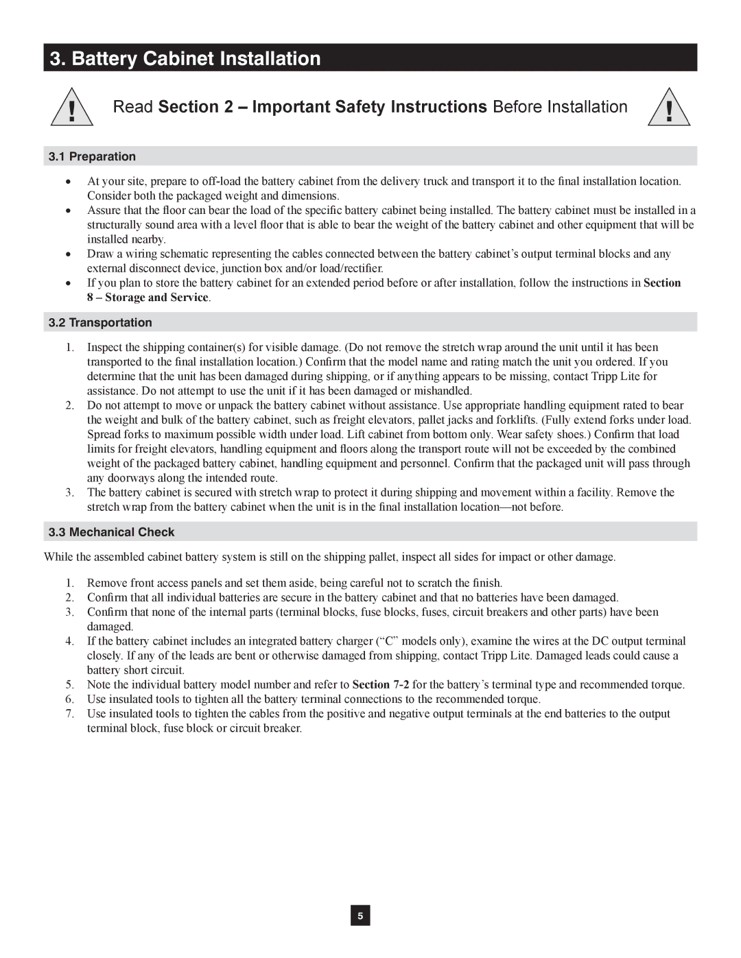 Tripp Lite Extended-Run Single-Phase Battery Cabinet owner manual Battery Cabinet Installation, Preparation, Transportation 
