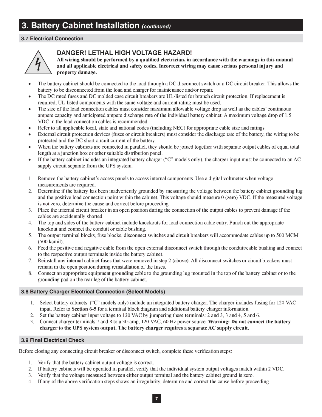 Tripp Lite Extended-Run Single-Phase Battery Cabinet owner manual Electrical Connection, Final Electrical Check 