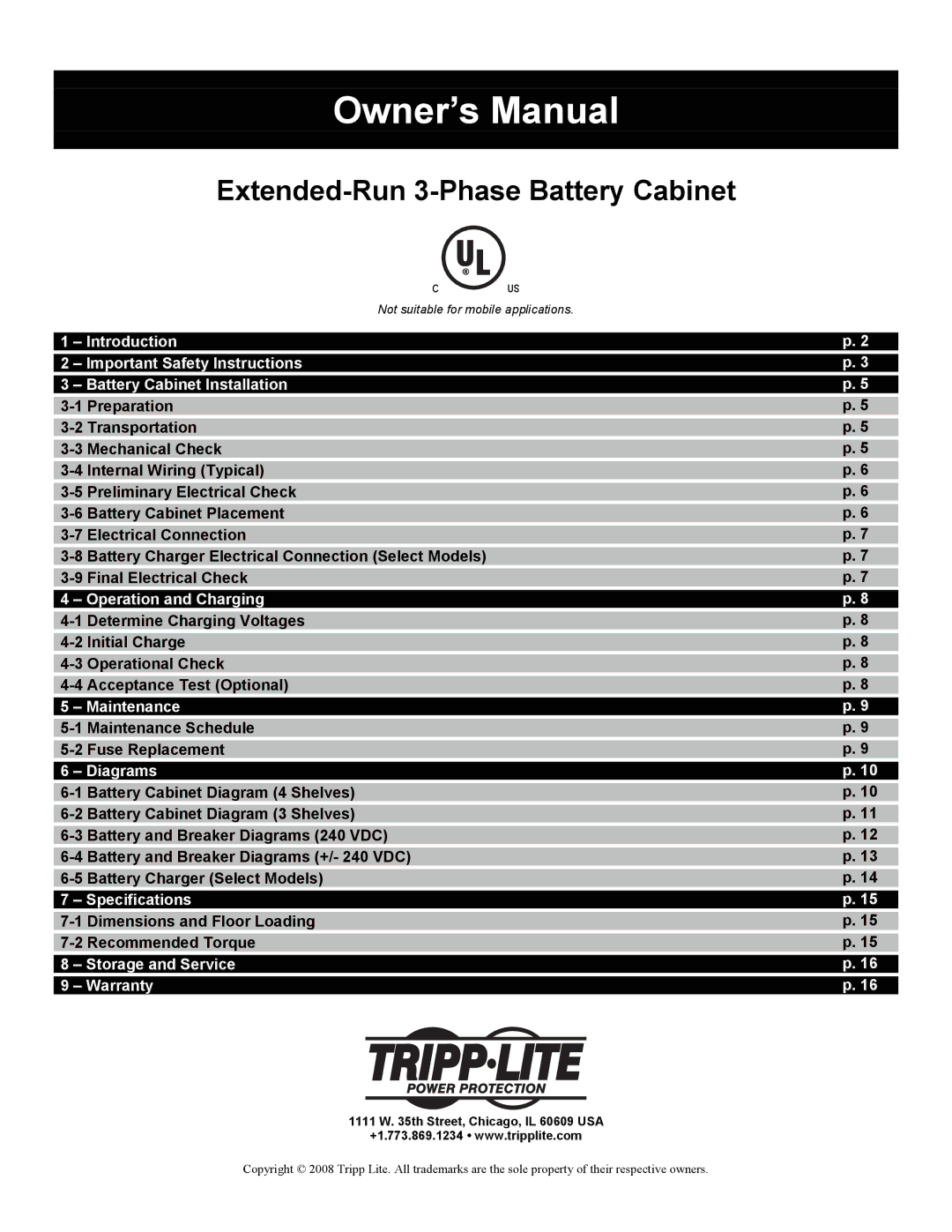 Tripp Lite owner manual Extended-Run 3-Phase Battery Cabinet 