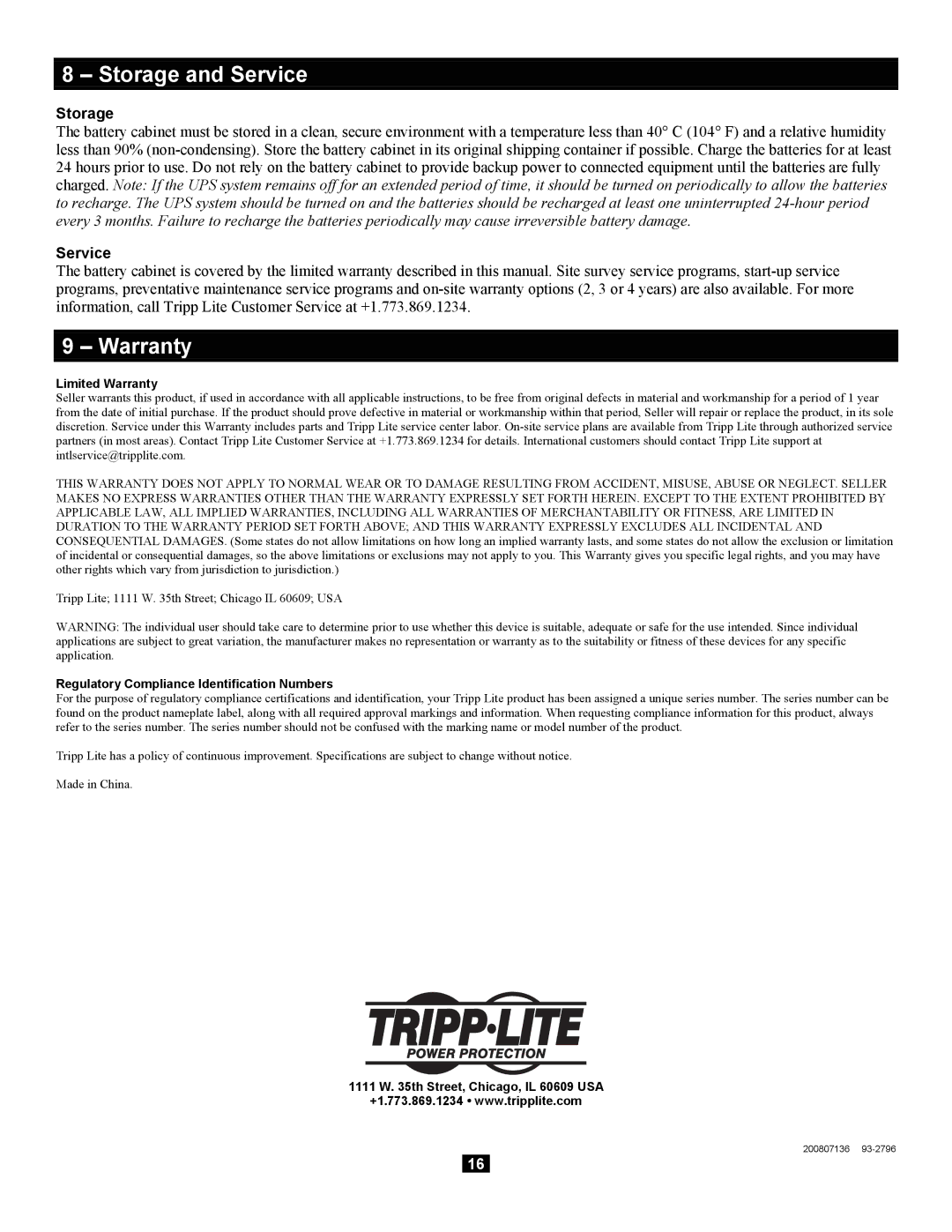 Tripp Lite Extended-Run owner manual Storage and Service, Warranty 