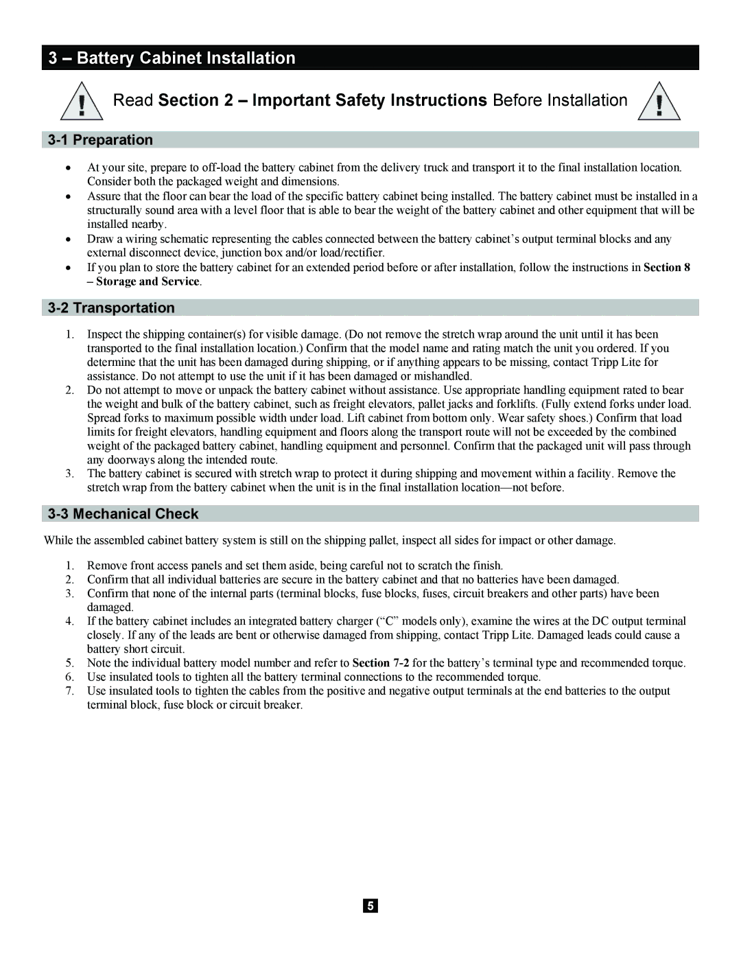 Tripp Lite Extended-Run owner manual Battery Cabinet Installation, Preparation, Transportation, Mechanical Check 