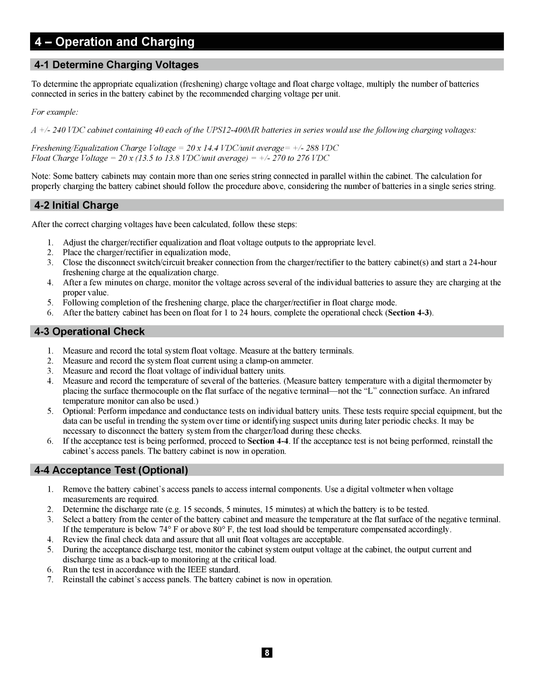 Tripp Lite Extended-Run owner manual Operation and Charging, Determine Charging Voltages, Initial Charge, Operational Check 