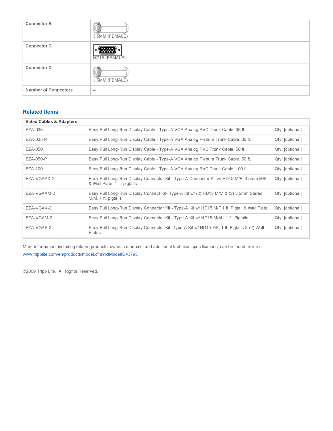 Tripp Lite EZA-VGAAF-2 specifications Related Items, 5MM Female HD15 Female, Video Cables & Adapters 