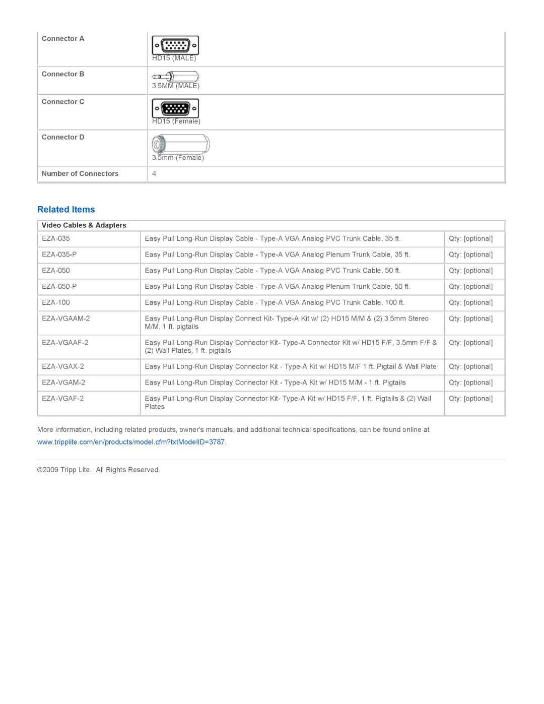 Tripp Lite EZA-VGAAX-2 specifications Related Items, HD15 Male, Video Cables & Adapters 