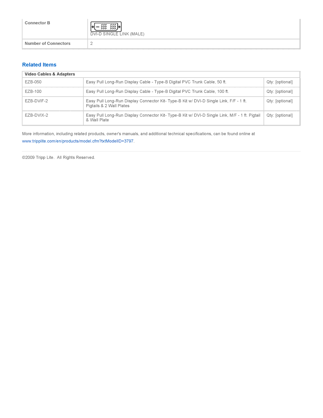 Tripp Lite EZB-DVIM-2 specifications Related Items, Video Cables & Adapters, EZB-DVIF-2 EZB-DVIX-2 