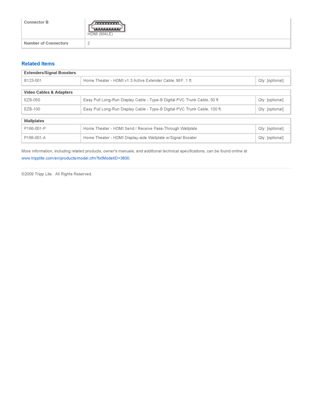 Tripp Lite EZB-HDMIM-2 specifications Related Items, Extenders/Signal Boosters, Video Cables & Adapters, Wallplates 